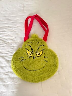 Green Grinch Plush Face Tote Bag with Red Straps